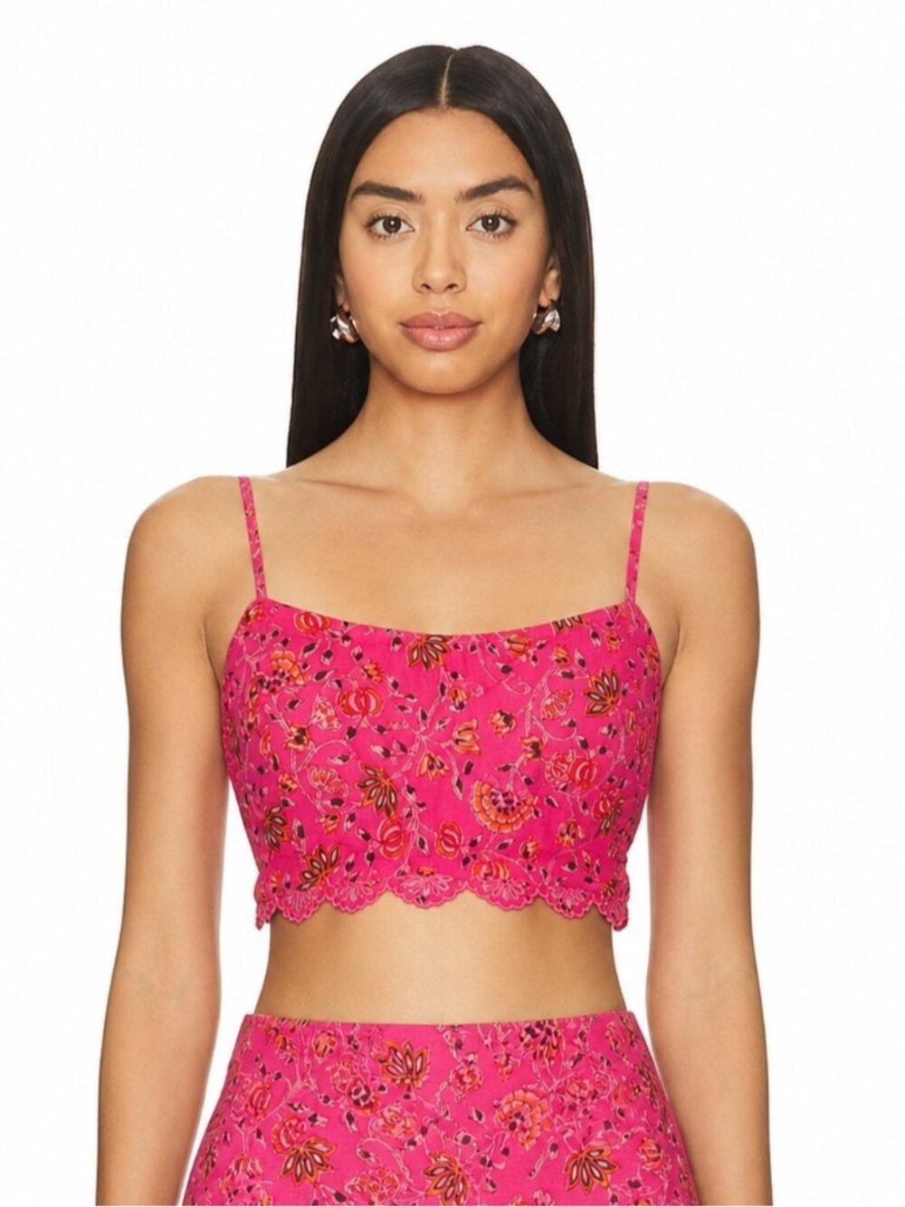 Caroline Constas Pink Cotton Smocked Crop Top Floral Cropped Tank size Medium